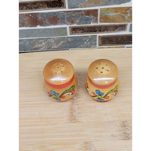 Vintage Wood Salt & Pepper Shakers, Small Mini Floral 2" - Picture 3 of 5